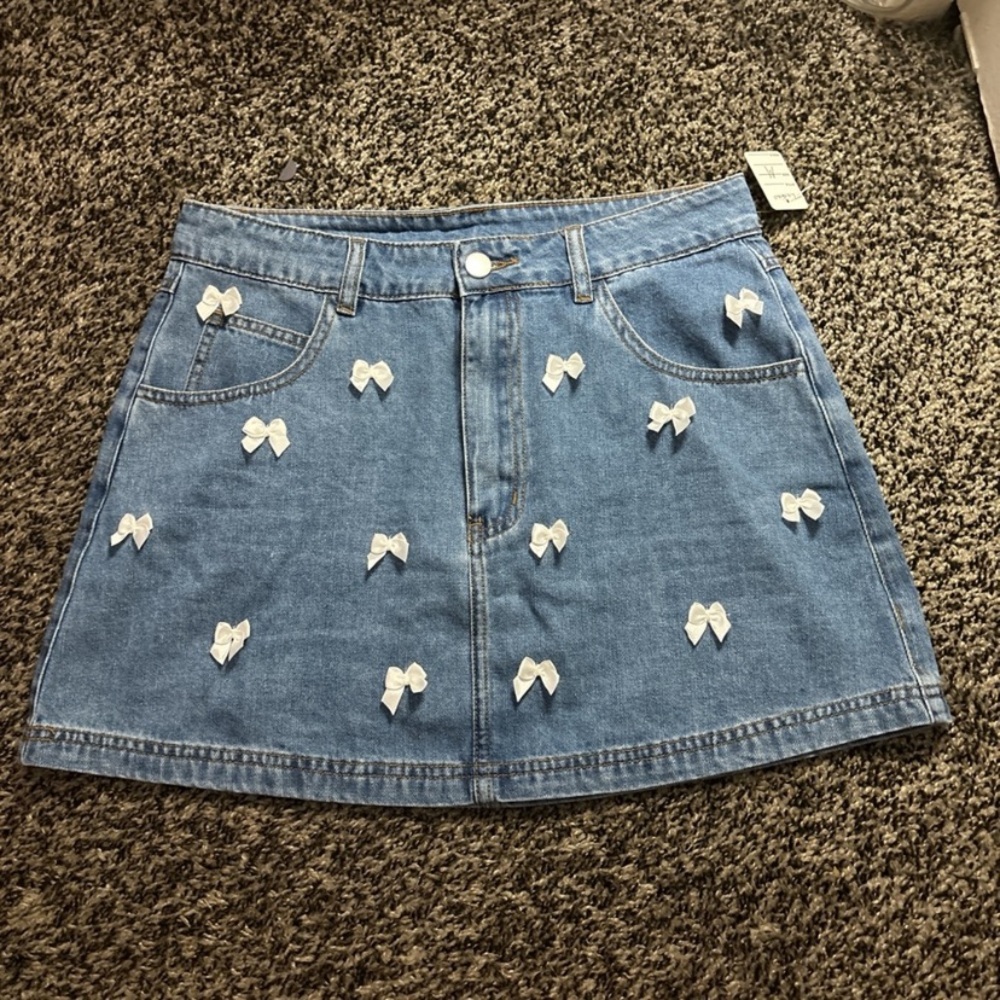 Denim Skirt with White Bow Accents
